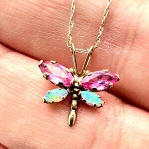 Womens Necklace 10K Yellow Pink Sapphire Opal Butterfly Pendant